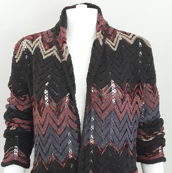 JUST JEANS Gray Pink Chevron Open Front Long Cardigan Sweater Sz XS - Picture 7 of 13